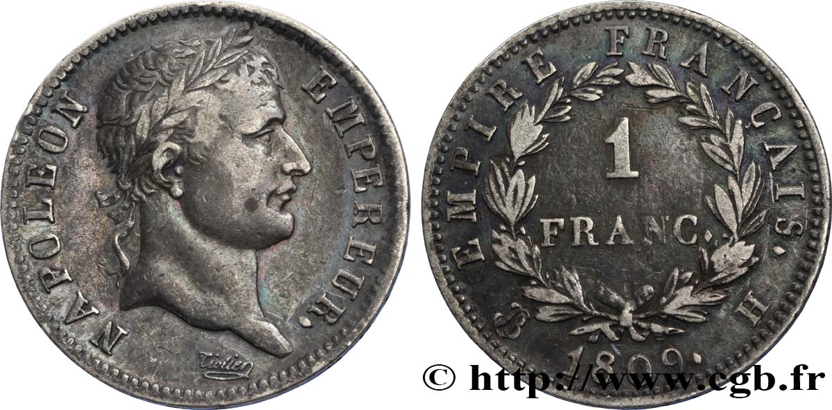 1 franc Napoléon Ier tête laurée, Empire français 1809 La Rochelle F.205/4 SS48 