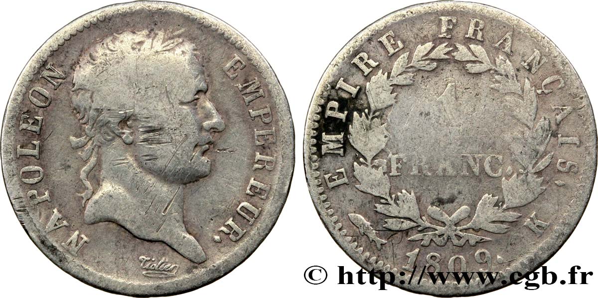 1 franc Napoléon Ier tête laurée, Empire français 1809 Bordeaux F.205/5 TB15 