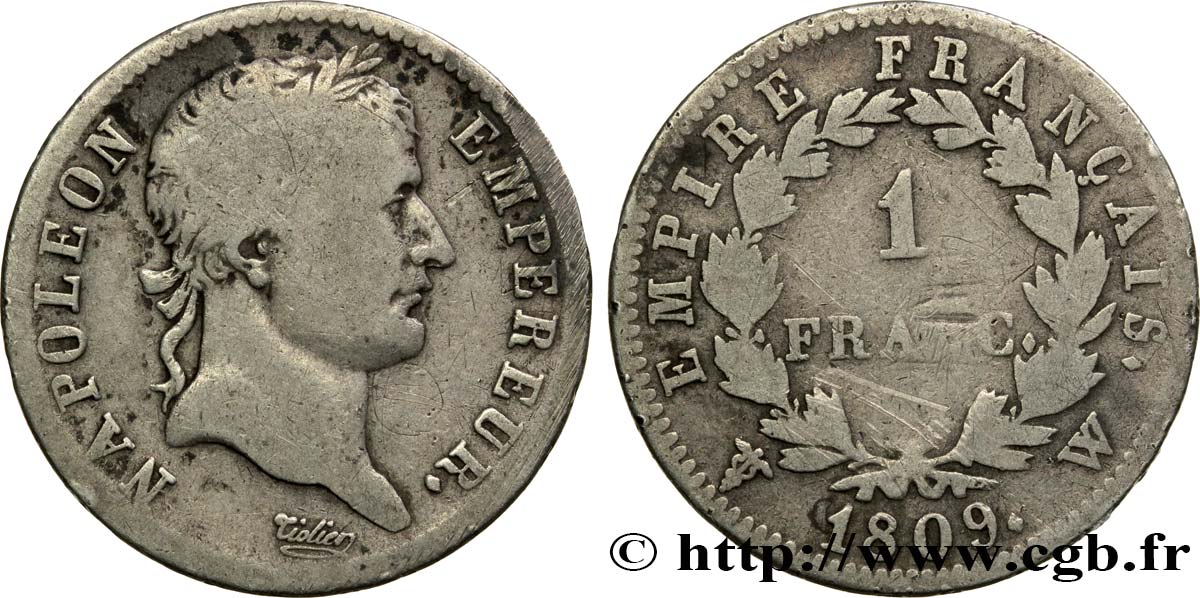1 franc Napoléon Ier tête laurée, Empire français 1809 Lille F.205/11 MB18 
