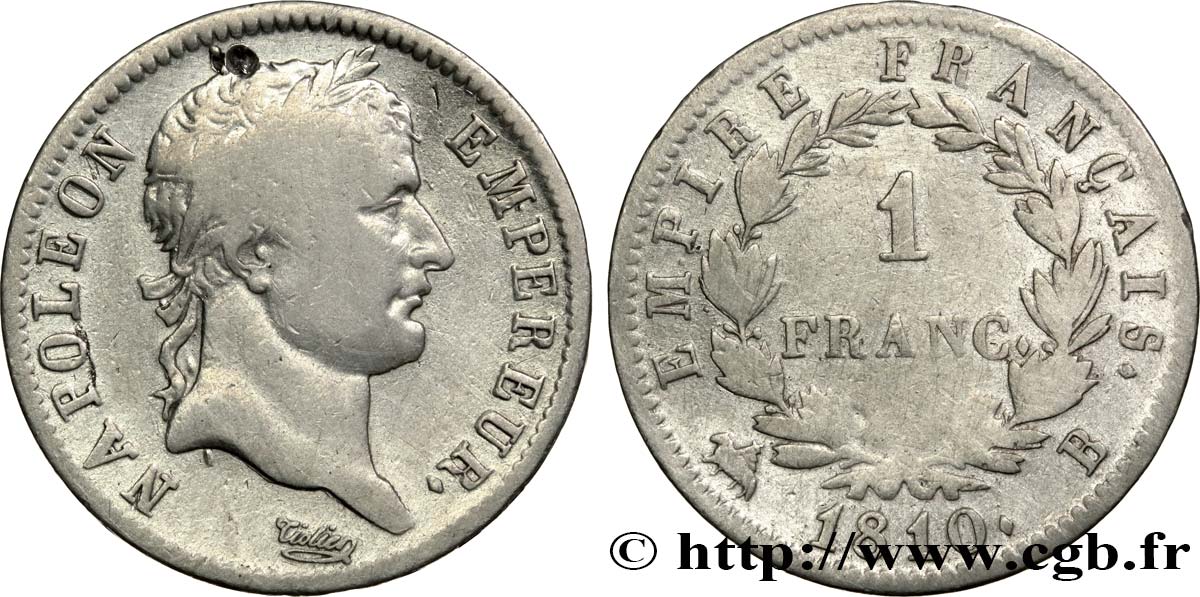 1 franc Napoléon Ier tête laurée, Empire français 1810 Rouen F.205/14 MB25 