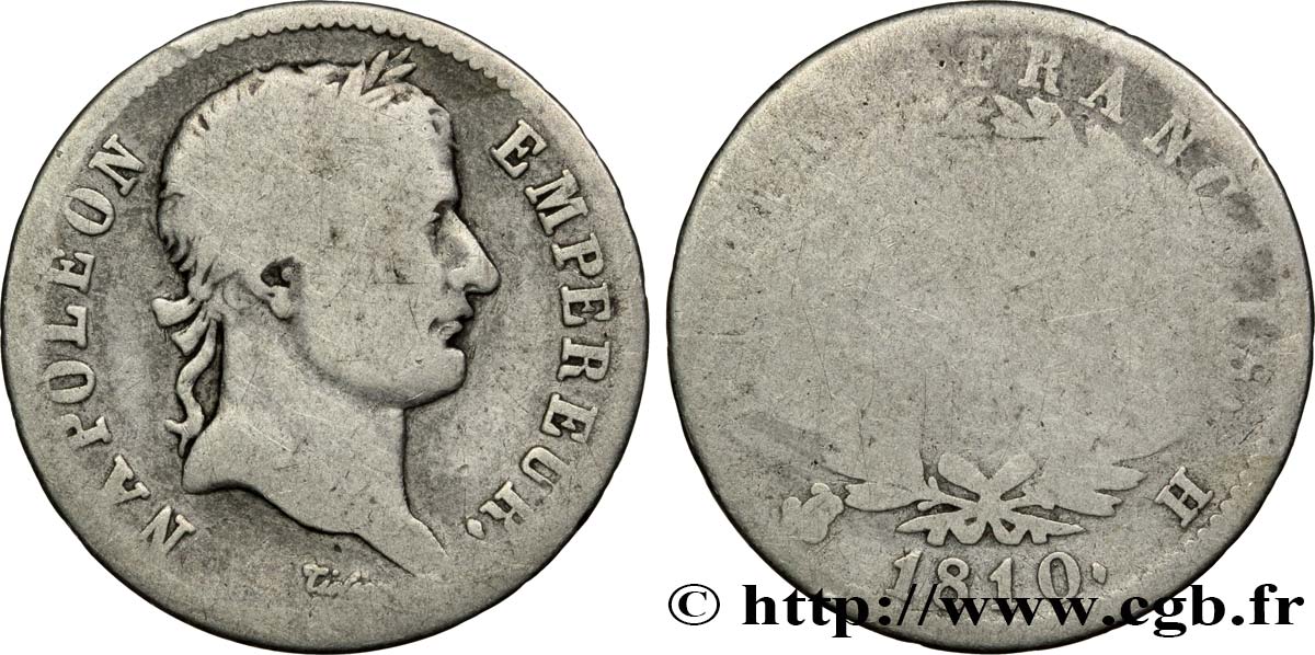 1 franc Napoléon Ier tête laurée, Empire français 1810 La Rochelle F.205/17 GE4 