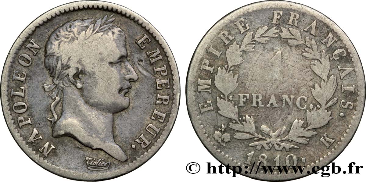 1 franc Napoléon Ier tête laurée, Empire français 1810 Bordeaux F.205/19 MB20 