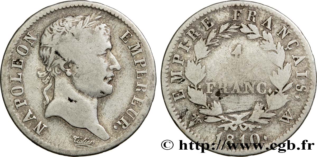 1 franc Napoléon Ier tête laurée, Empire français 1810 Lille F.205/27 S18 