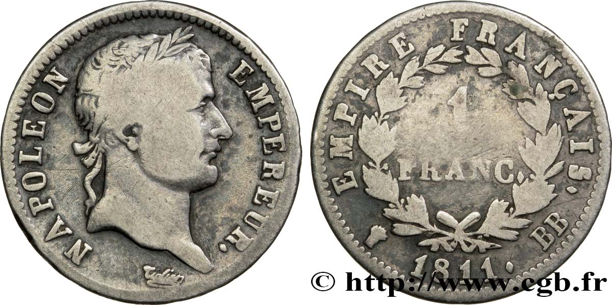 1 franc Napoléon Ier tête laurée, Empire français 1811 Strasbourg F.205/30 TB18 