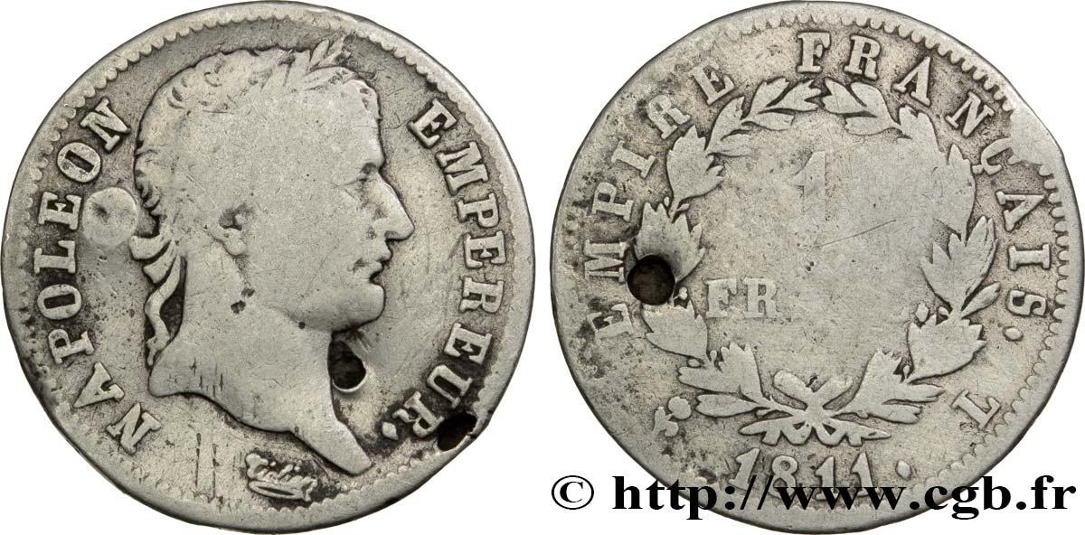 1 franc Napoléon Ier tête laurée, Empire français 1811 Bayonne F.205/35 q.B4 