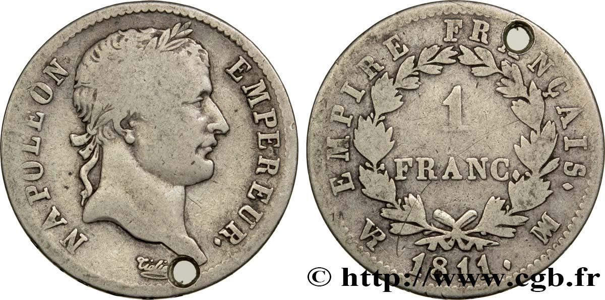 1 franc Napoléon Ier tête laurée, Empire français 1811 Marseille F.205/37 F 