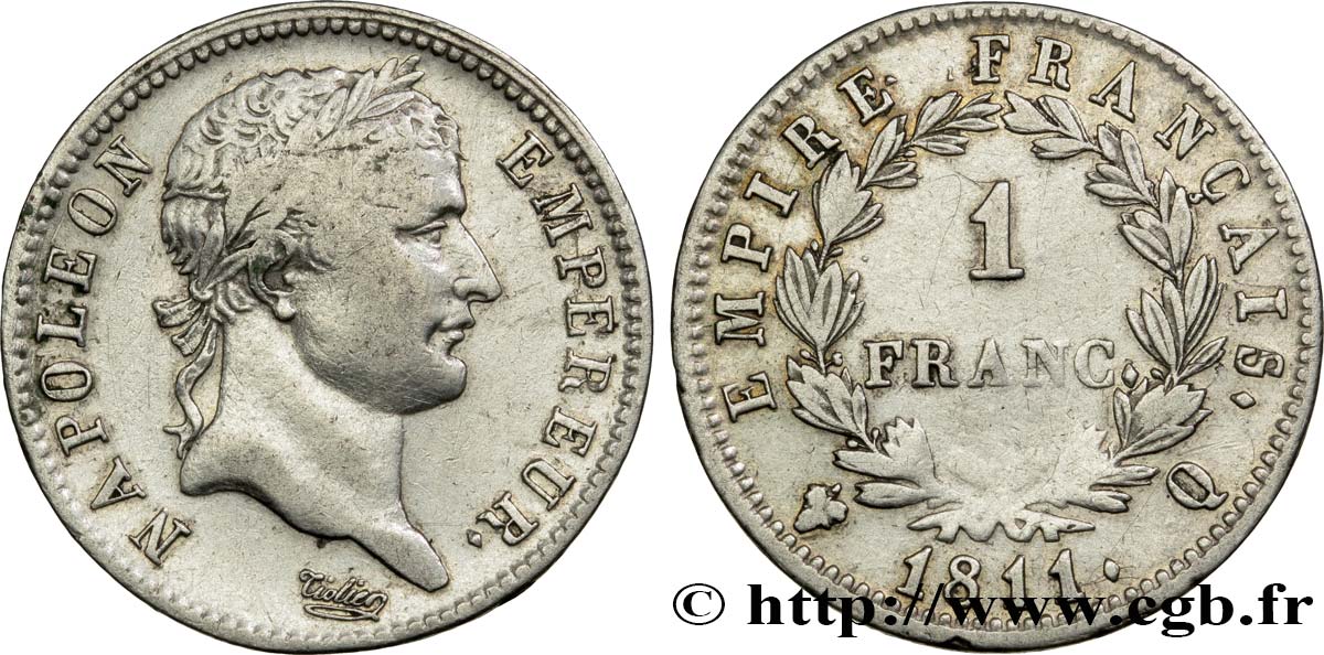 1 franc Napoléon Ier tête laurée, Empire français 1811 Perpignan F.205/39 MB35 