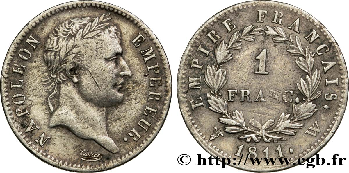 1 franc Napoléon Ier tête laurée, Empire français 1811 Lille F.205/41 SS40 