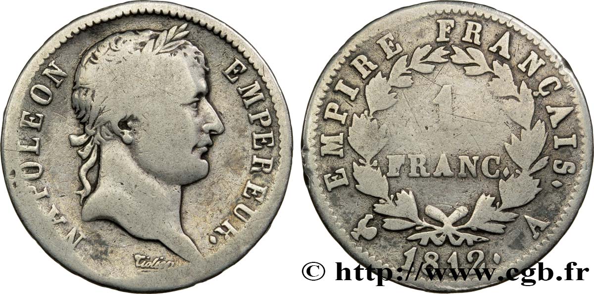 1 franc Napoléon Ier tête laurée, Empire français 1812 Paris F.205/42 TB15 