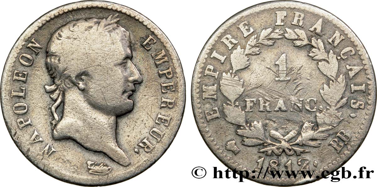 1 franc Napoléon Ier tête laurée, Empire français 1812 Strasbourg F.205/44 SGE10 