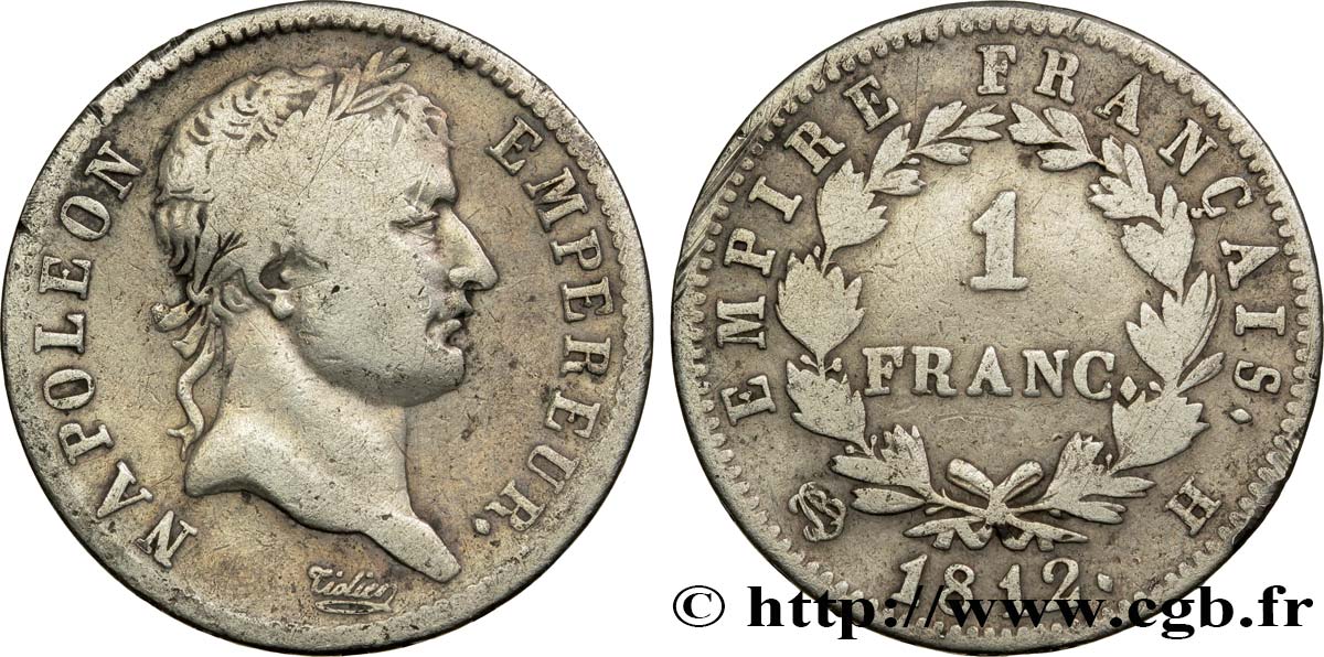 1 franc Napoléon Ier tête laurée, Empire français 1812 La Rochelle F.205/46 S20 
