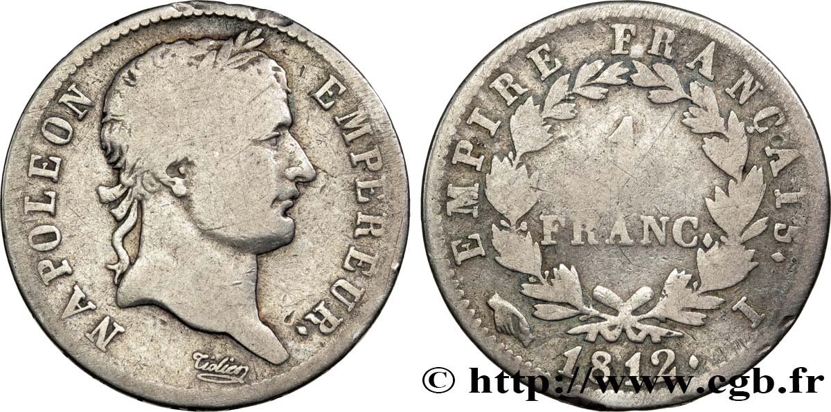 1 franc Napoléon Ier tête laurée, Empire français 1812 Limoges F.205/47 B12 