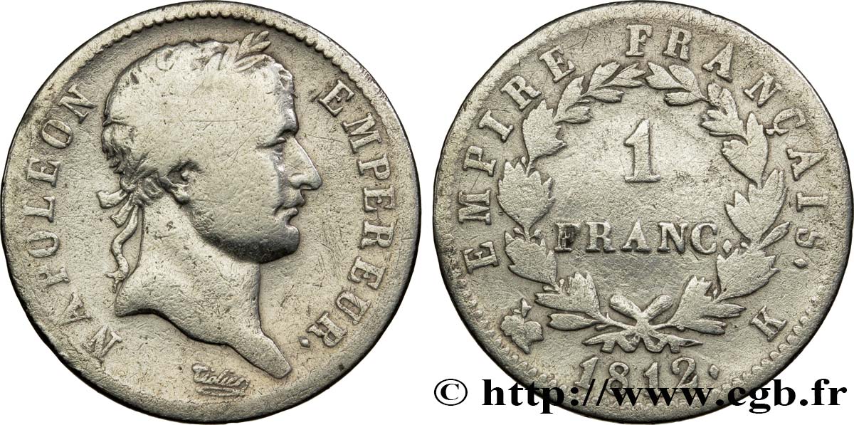 1 franc Napoléon Ier tête laurée, Empire français 1812 Bordeaux F.205/48 MB15 