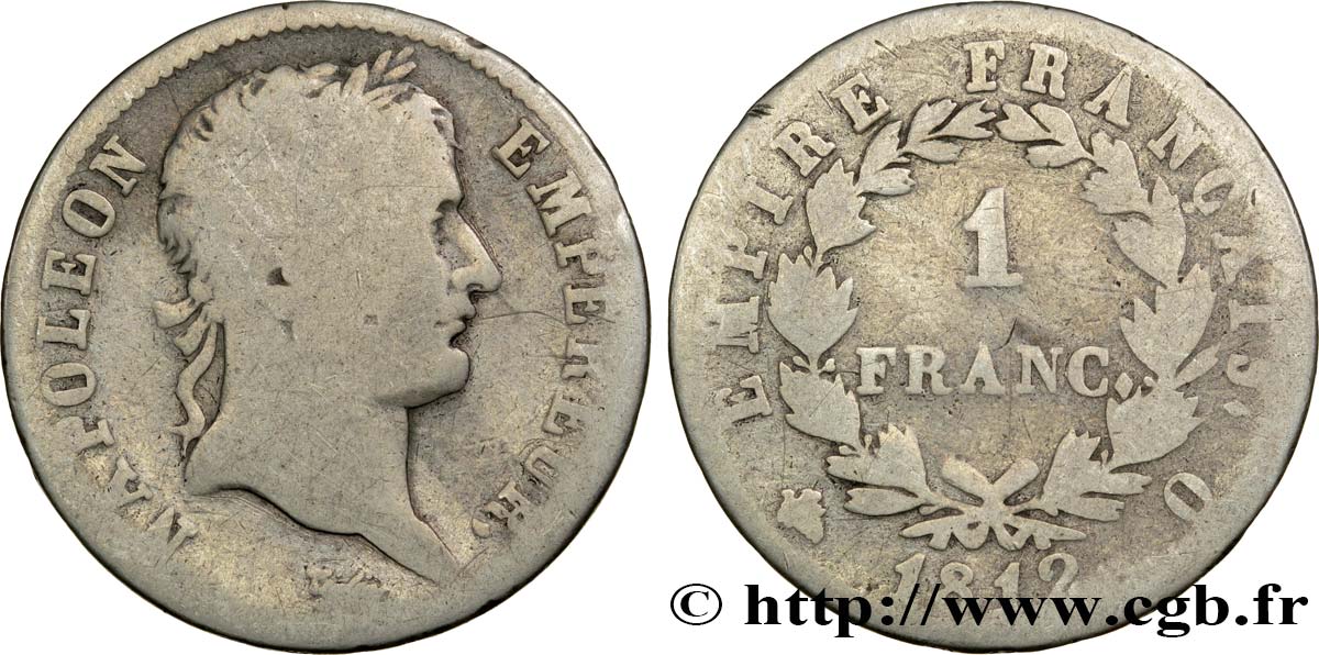 1 franc Napoléon Ier tête laurée, Empire français 1812 Perpignan F.205/52 SGE8 