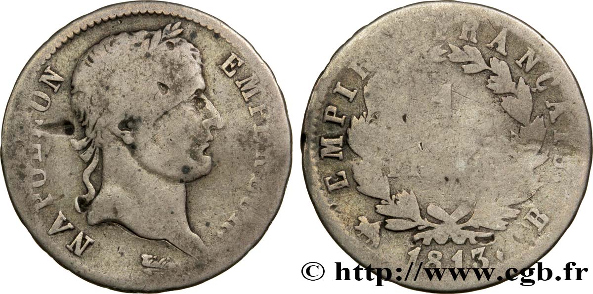 1 franc Napoléon Ier tête laurée, Empire français 1813 Rouen F.205/59 B9 