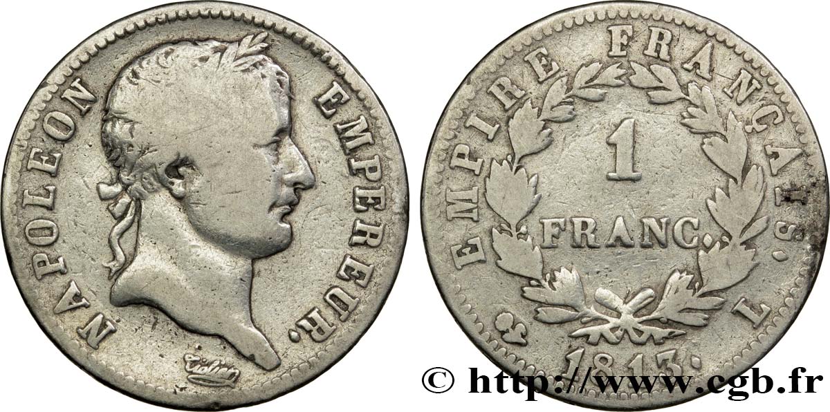 1 franc Napoléon Ier tête laurée, Empire français 1813 Bayonne F.205/64 TB18 