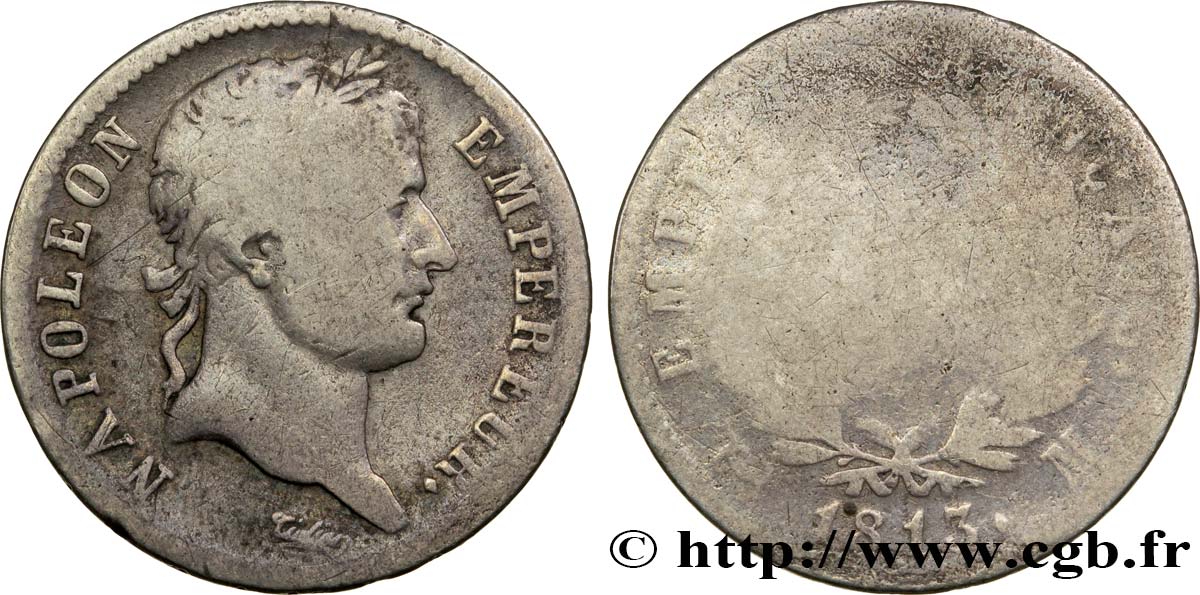1 franc Napoléon Ier tête laurée, Empire français 1813 Toulouse F.205/66 G6 