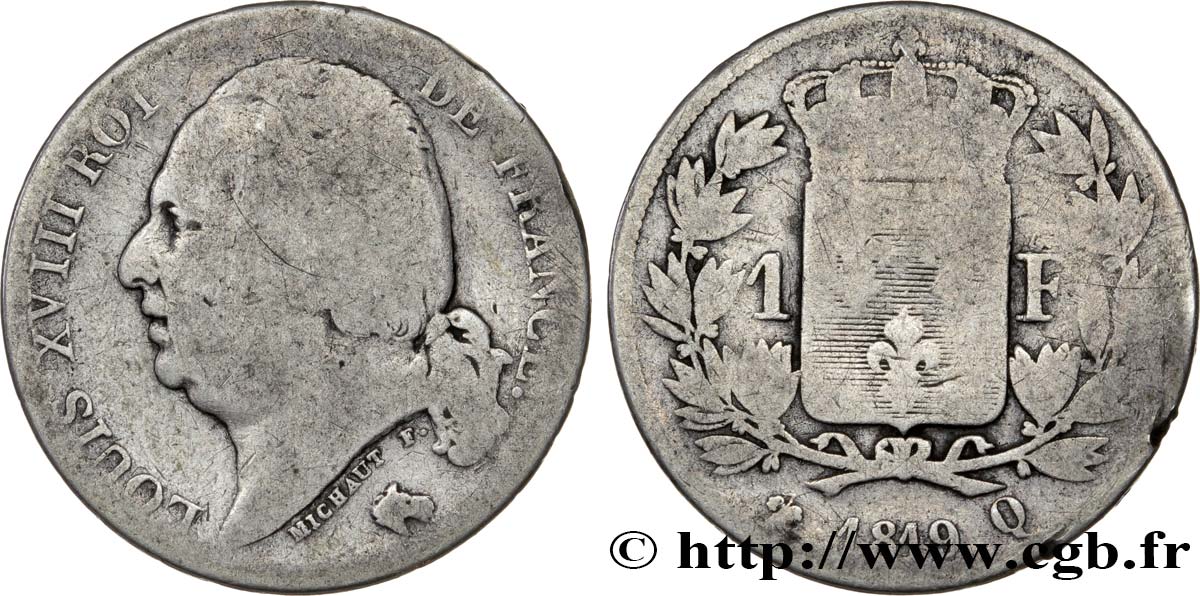 1 franc Louis XVIII 1819 Perpignan F.206/27 VG9 