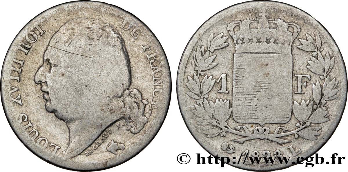 1 franc Louis XVIII 1823 Bayonne F.206/51 VG8 