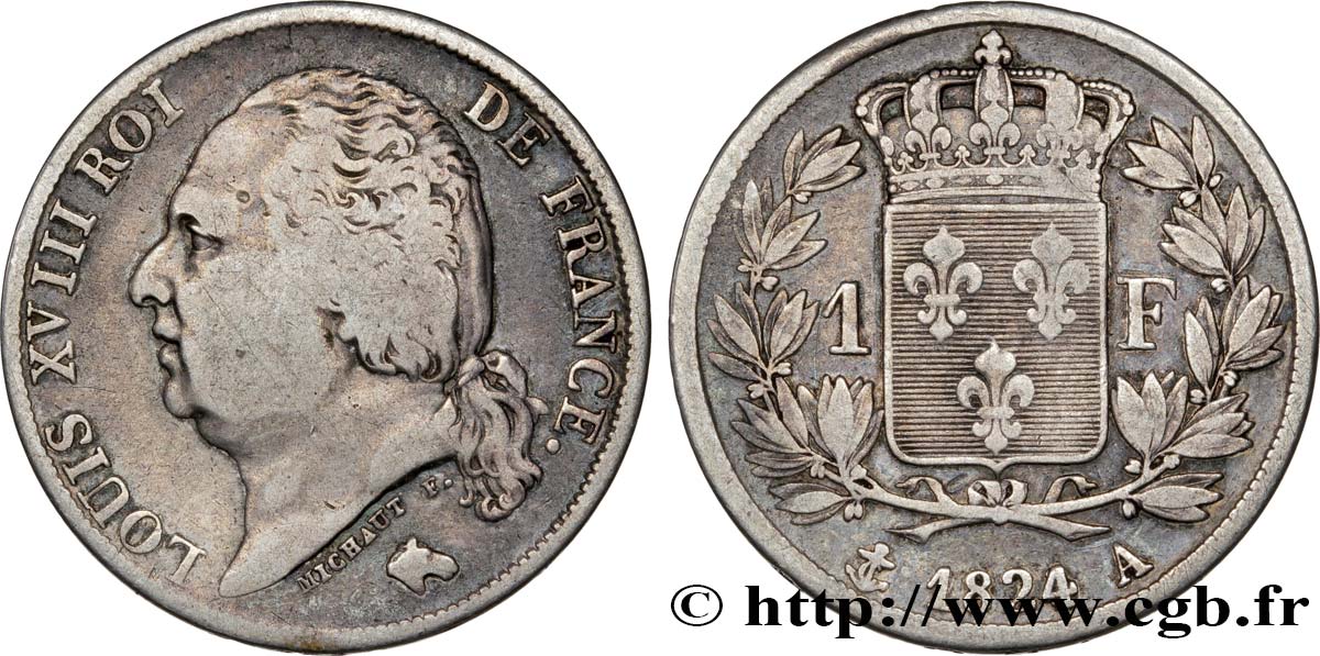 1 franc Louis XVIII 1824 Paris F.206/55 MB18 