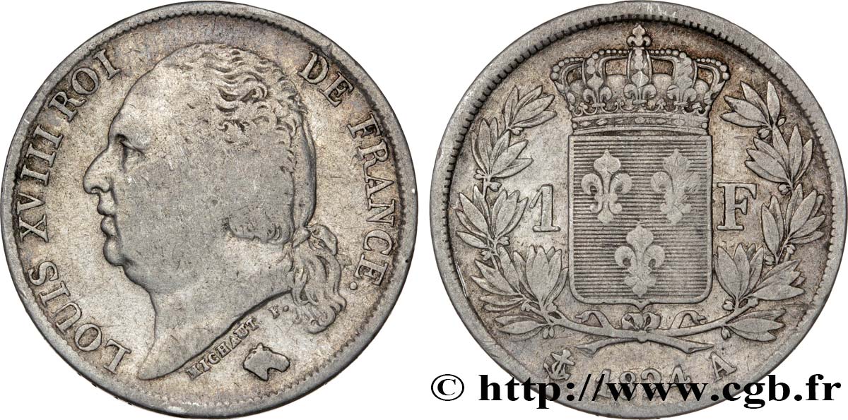 1 franc Louis XVIII 1824 Paris F.206/56 TB22 