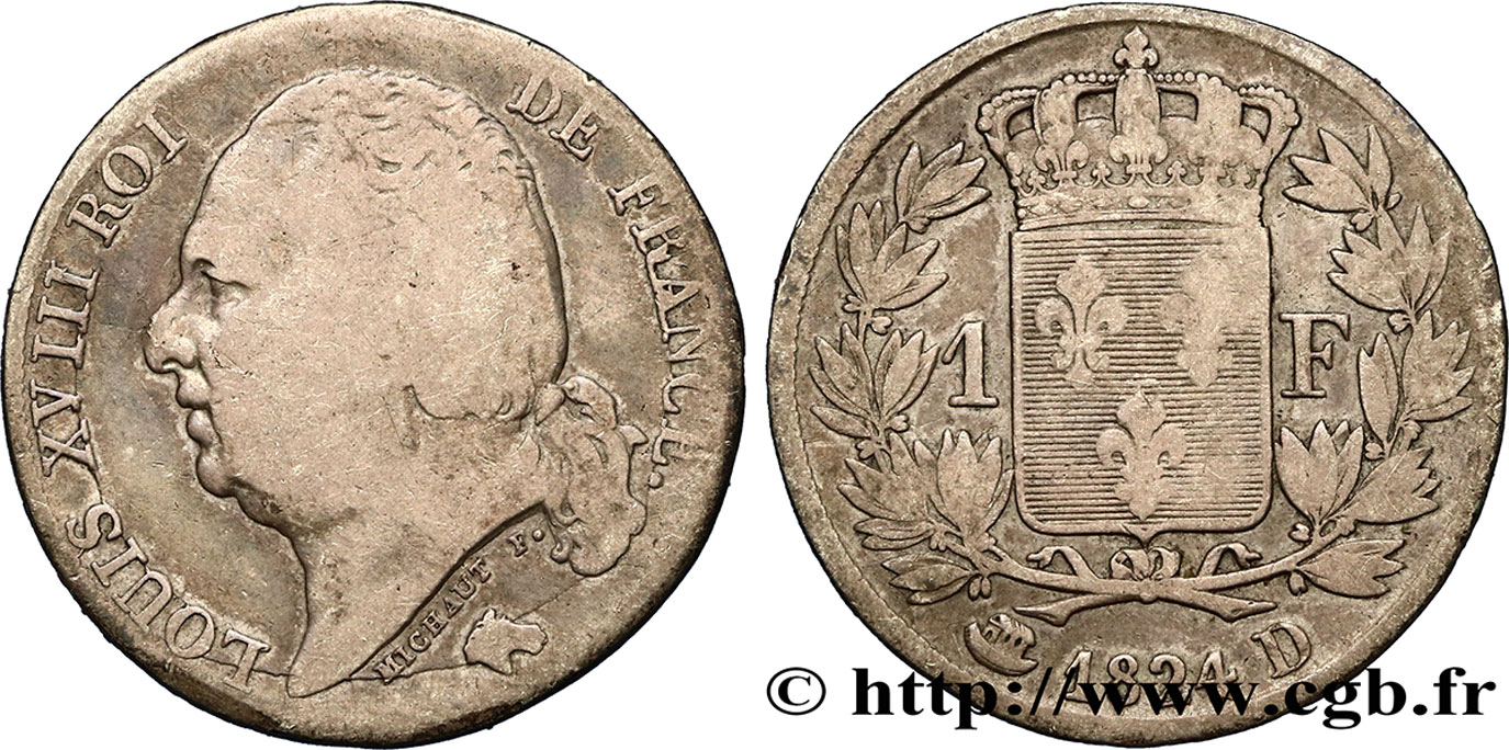 1 franc Louis XVIII 1824 Lyon F.206/58 B11 