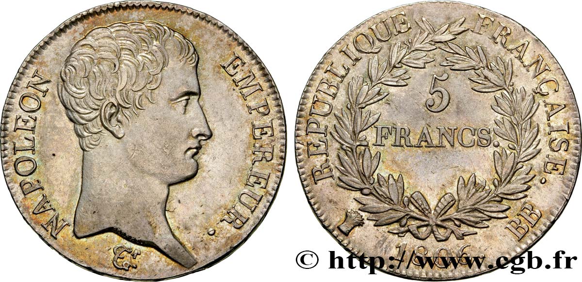 5 francs Napoléon Empereur, Calendrier grégorien 1806 Strasbourg F.304/3 SPL55 