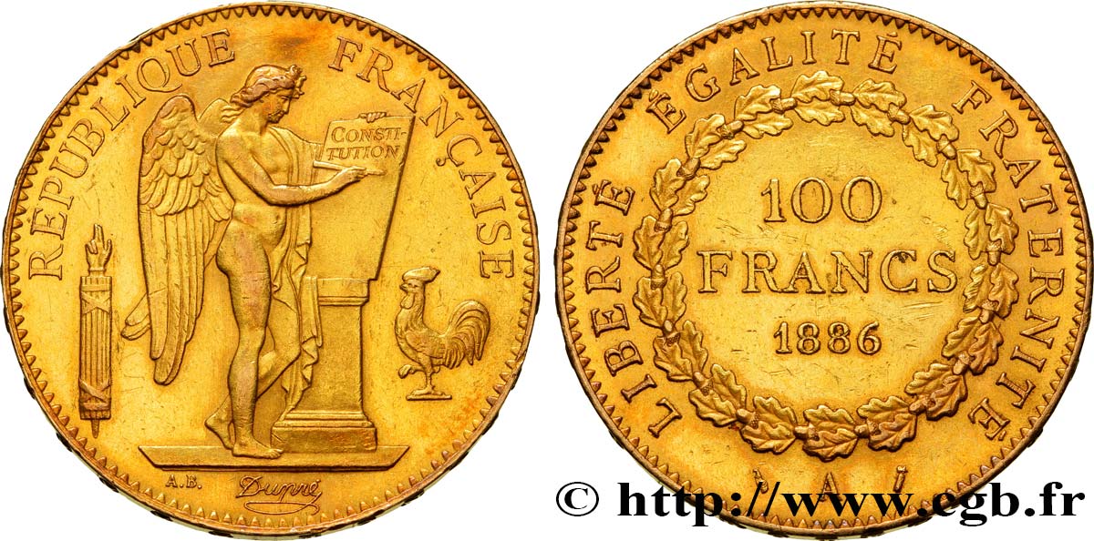100 francs or Génie, tranche inscrite en relief Dieu protège la France 1886 Paris F.552/7 MBC48 