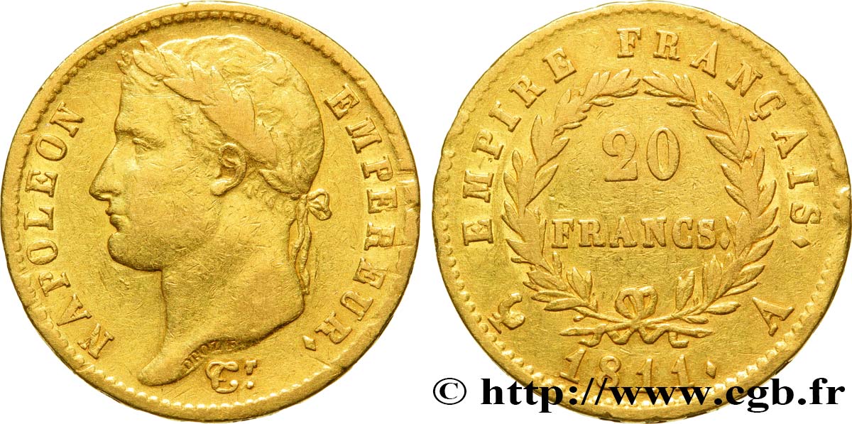 20 francs or Napoléon tête laurée, Empire français 1811 Paris F.516/16 XF45 