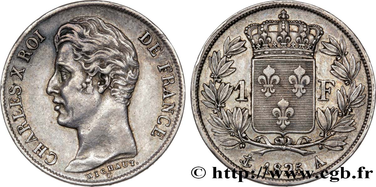 1 franc Charles X, matrice du revers à cinq feuilles 1825 Paris F.207/1 SS50 