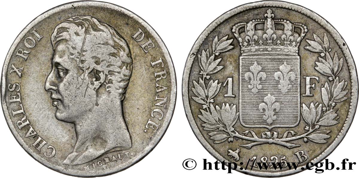 1 franc Charles X, matrice du revers à cinq feuilles 1825 Rouen F.207/2 TB30 
