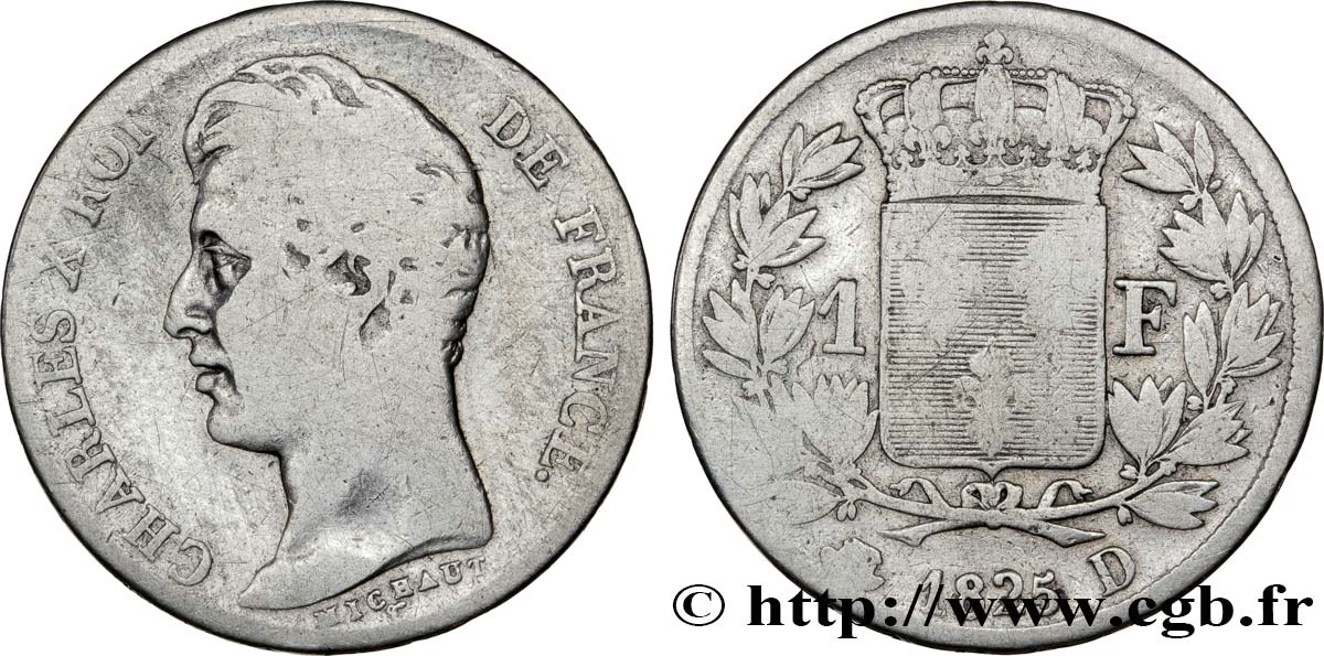 1 franc Charles X, matrice du revers à cinq feuilles 1825 Lyon F.207/4 VG10 