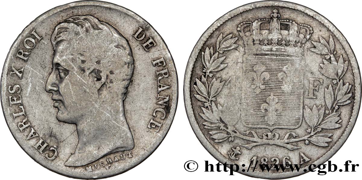 1 franc Charles X, matrice du revers à cinq feuilles 1826 Paris F.207/13 S18 