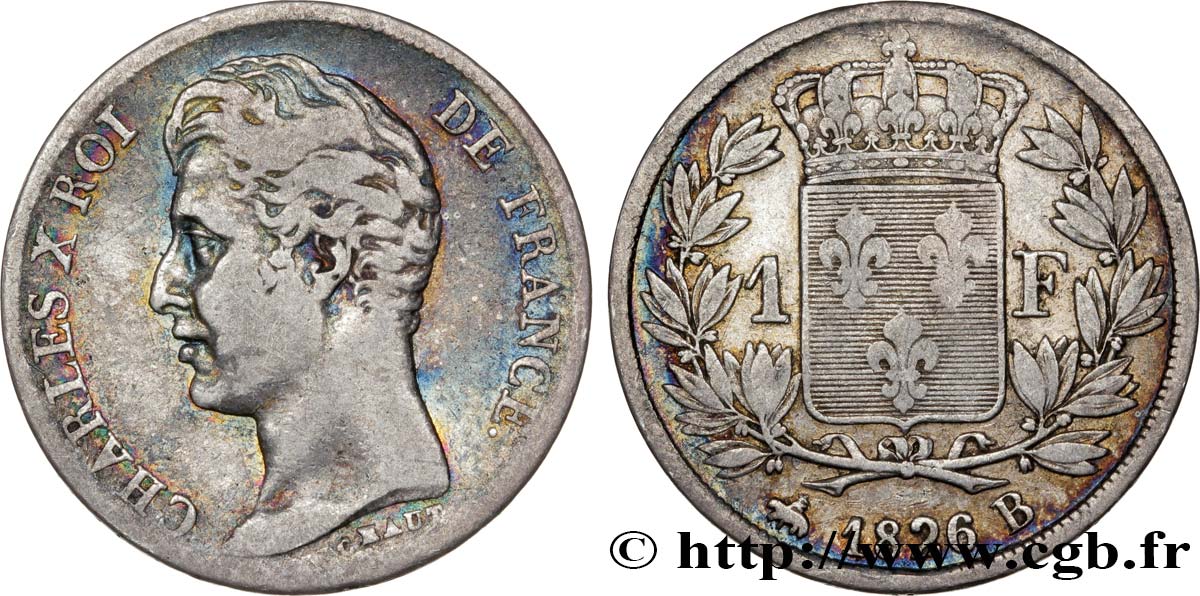 1 franc Charles X, matrice du revers à cinq feuilles 1826 Rouen F.207/14 VF25 