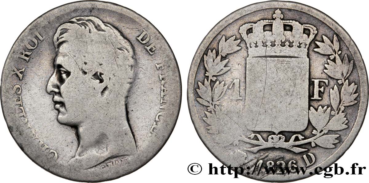 1 franc Charles X, matrice du revers à cinq feuilles 1826 Lyon F.207/16 VG8 