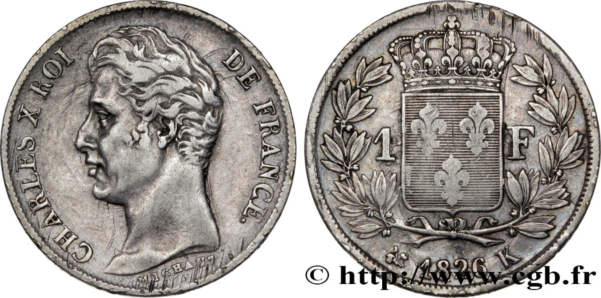 1 franc Charles X, matrice du revers à cinq feuilles 1826 Bordeaux F.207/19 VF30 