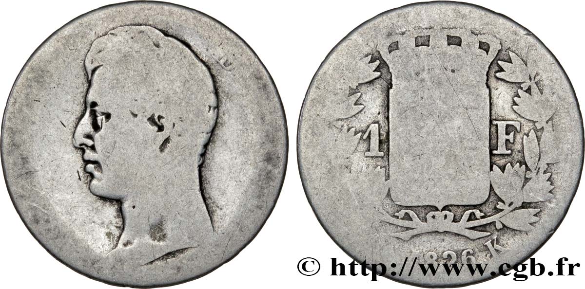 1 franc Charles X, matrice du revers à cinq feuilles 1826 Bordeaux F.207/19 MC3 