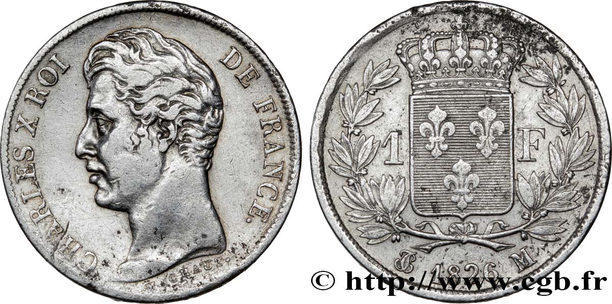 1 franc Charles X, matrice du revers à cinq feuilles 1826 Toulouse F.207/21 TTB40 