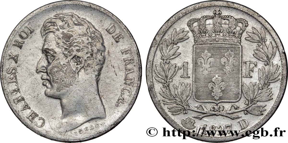 1 franc Charles X, matrice du revers à cinq feuilles 1827 Lyon F.207/28 VF35 