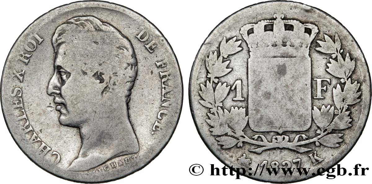 1 franc Charles X, matrice du revers à cinq feuilles 1827 Bordeaux F.207/31 VG10 