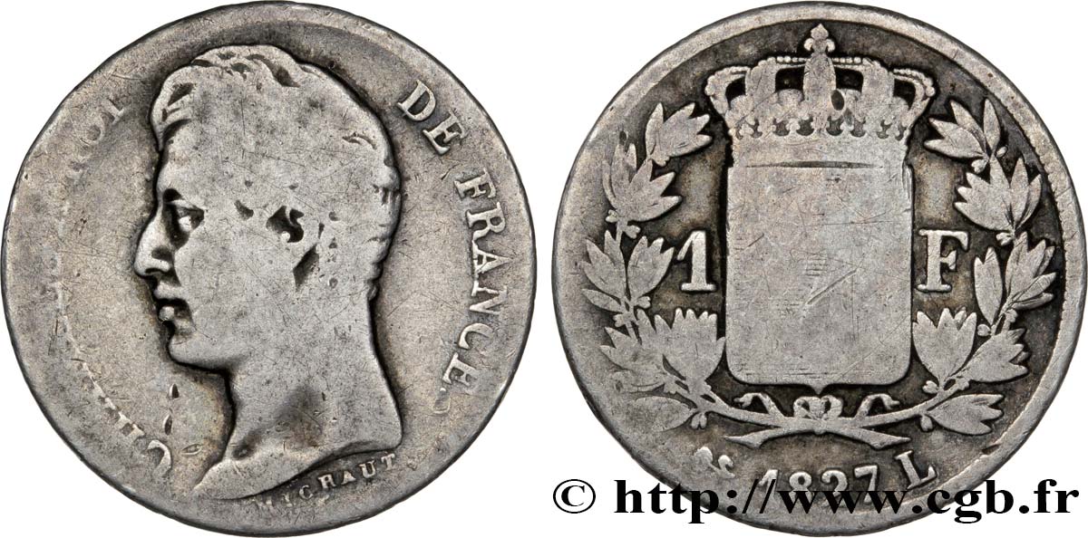 1 franc Charles X, matrice du revers à cinq feuilles 1827 Bayonne F.207/32 RC8 