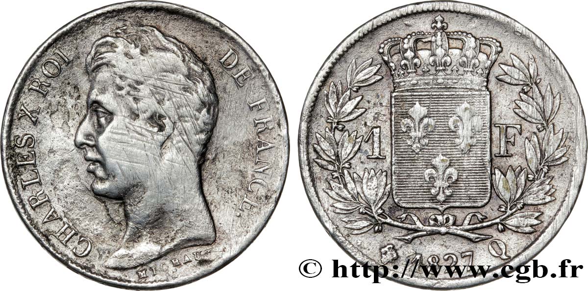 1 franc Charles X, matrice du revers à cinq feuilles 1827 Perpignan F.207/34 S30 