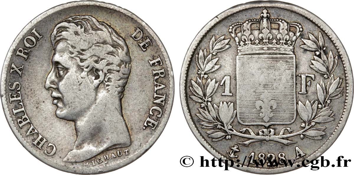 1 franc Charles X, matrice du revers à cinq feuilles 1828 Paris F.207/37 BC22 
