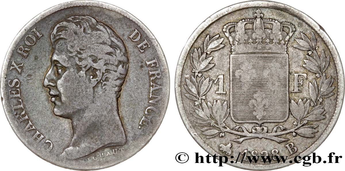 1 franc Charles X, matrice du revers à cinq feuilles 1828 Rouen F.207/38 VF20 