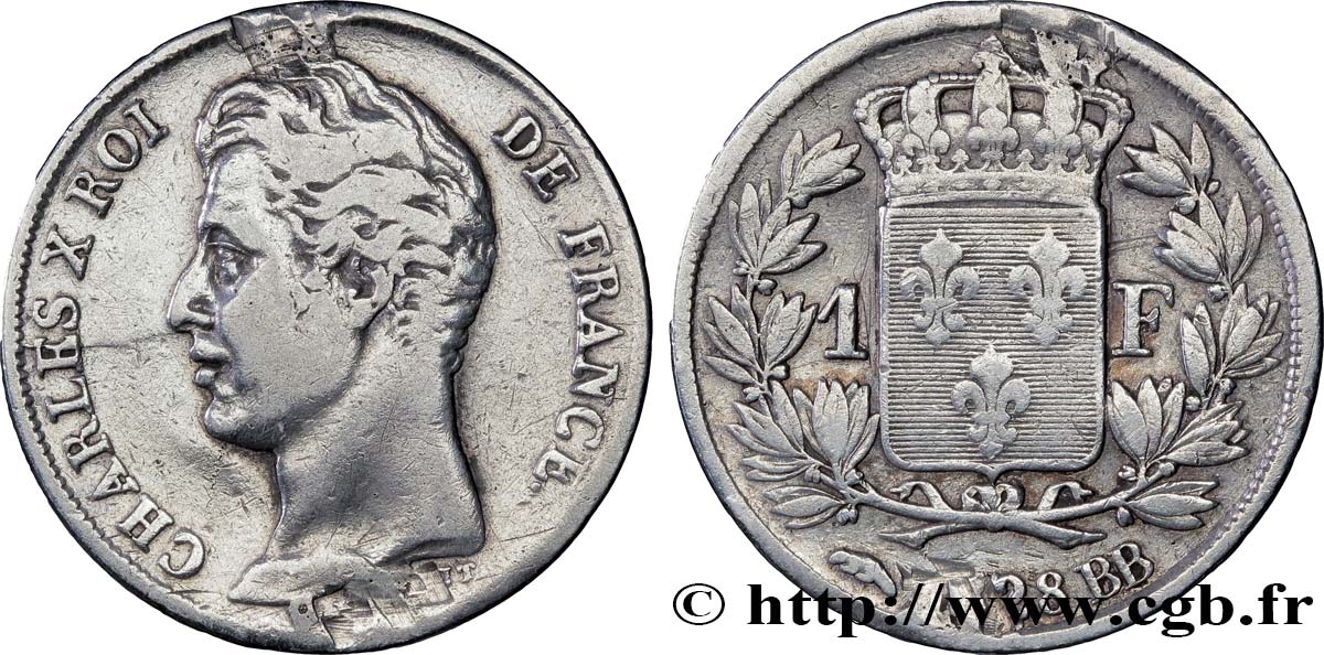 1 franc Charles X, matrice du revers à cinq feuilles 1828 Strasbourg F.207/39 TB35 
