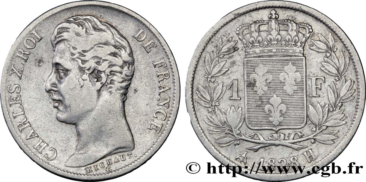 1 franc Charles X, matrice du revers à cinq feuilles 1828 La Rochelle F.207/41 TB18 