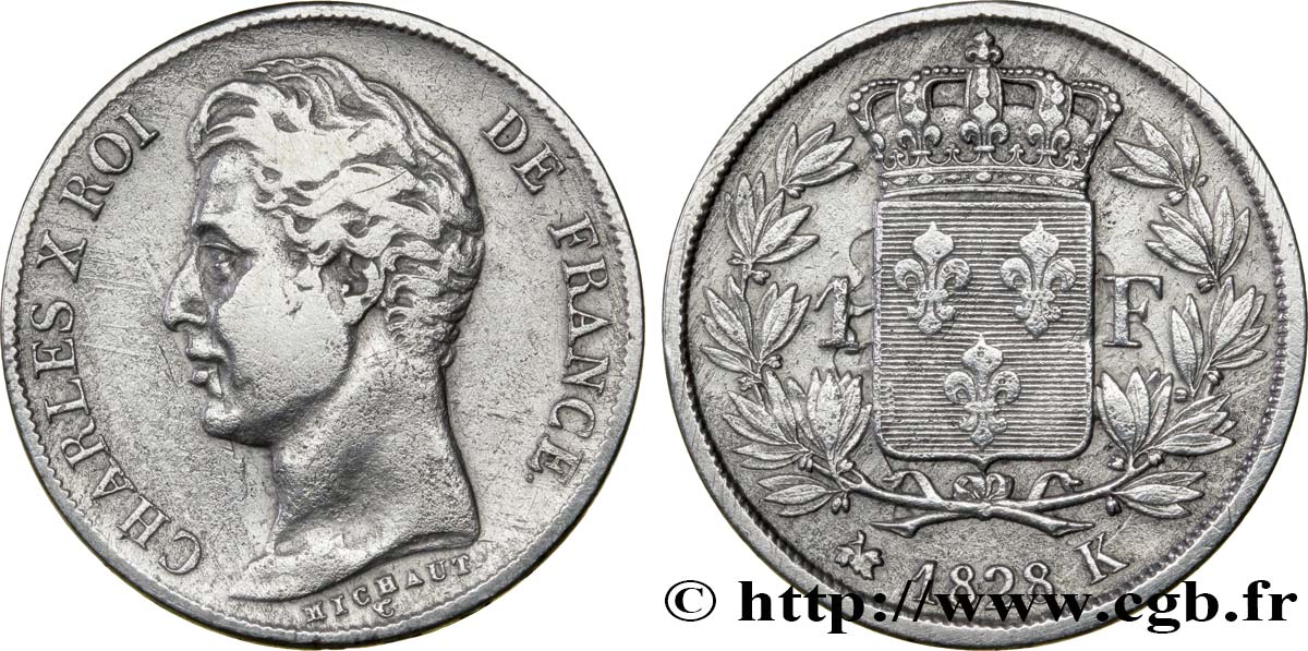 1 franc Charles X, matrice du revers à cinq feuilles 1828 Bordeaux F.207/43 XF40 