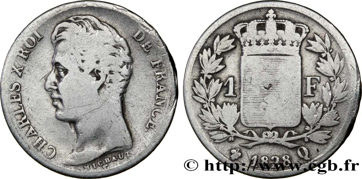 1 franc Charles X, matrice du revers à cinq feuilles 1828 Perpignan F.207/46 VG8 