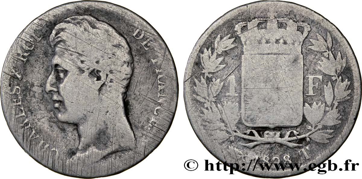 1 franc Charles X, matrice du revers à cinq feuilles 1828 Nantes F.207/47 SGE8 