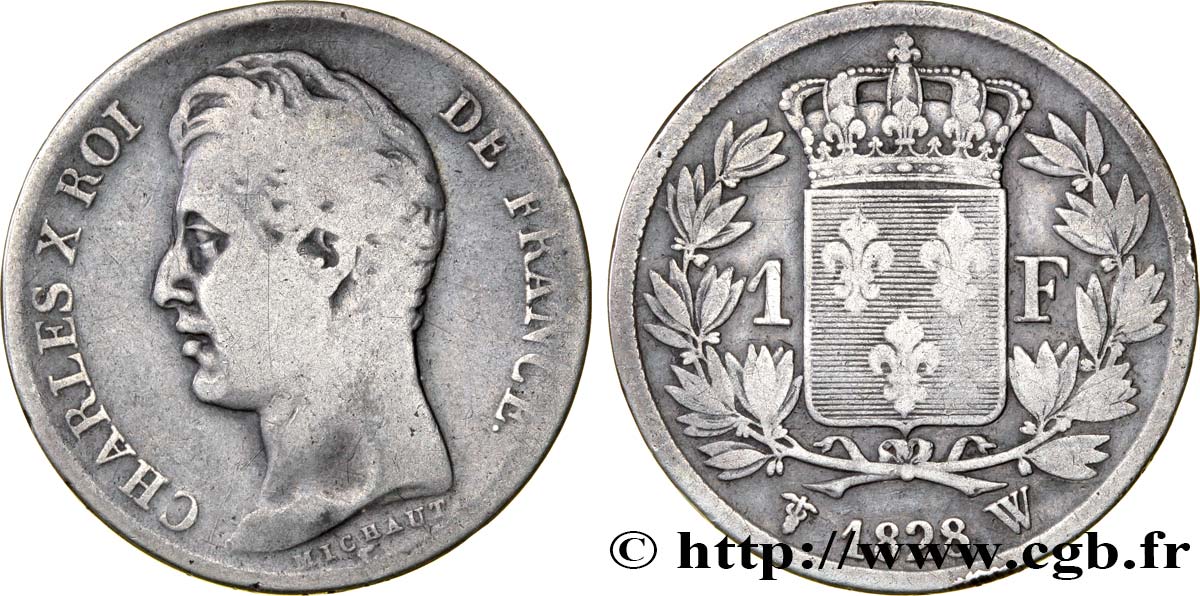 1 franc Charles X, matrice du revers à cinq feuilles 1828 Lille F.207/48 SGE10 